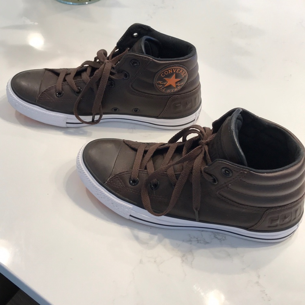 Brown plush converse high tops